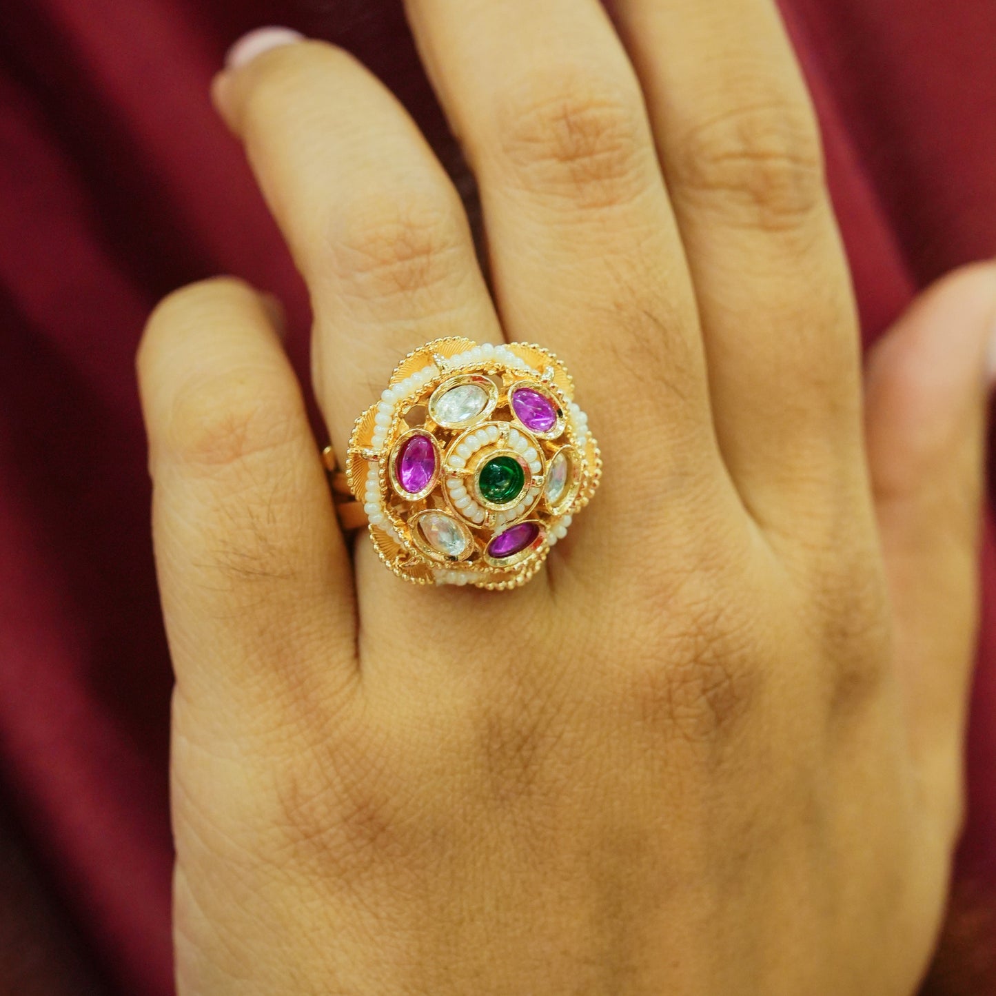 Rajkumari Ring With Pink & White Stones
