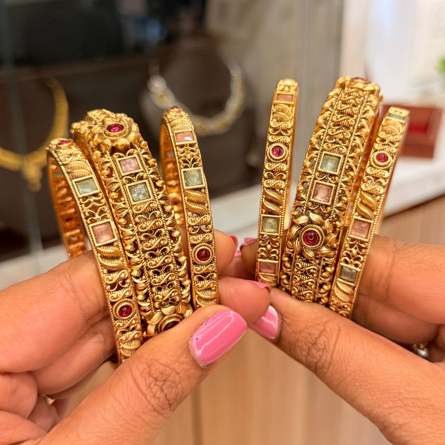 Premium Antique Ruby Bangle 6 Pcs Set - Pink & Mint