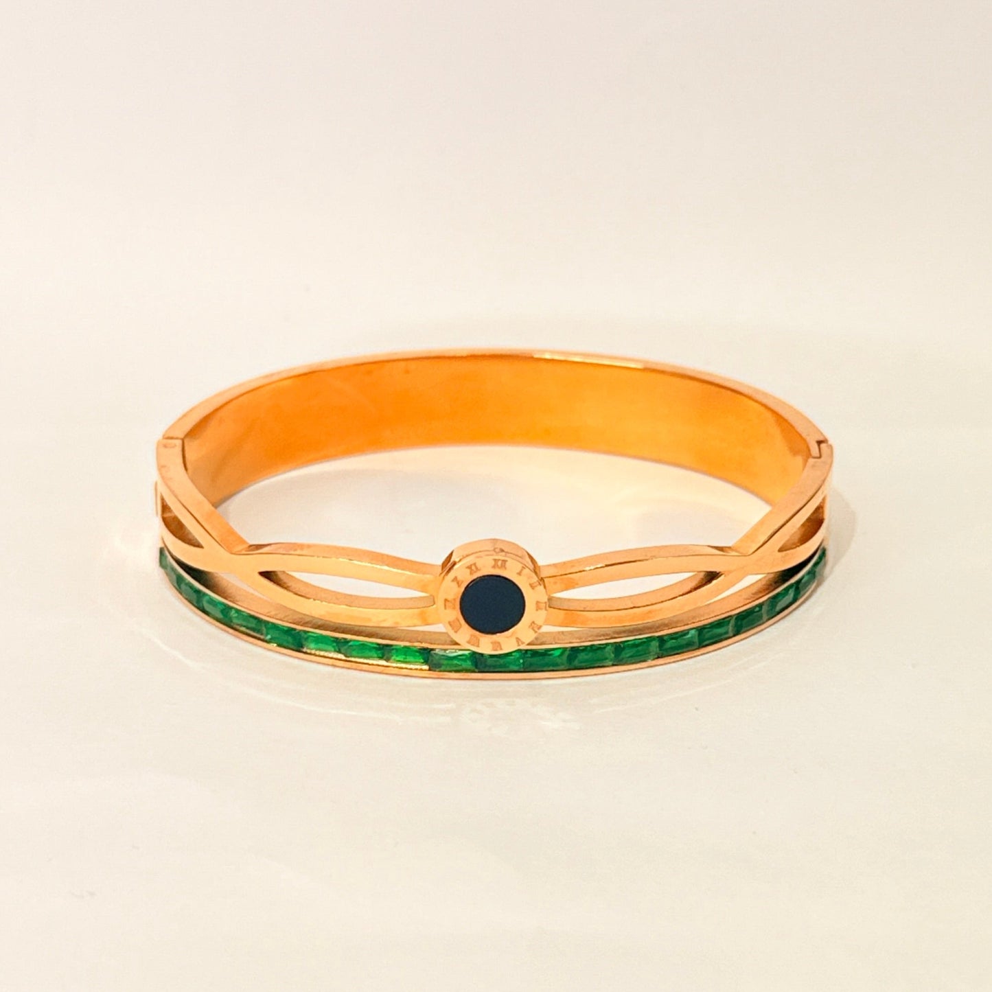 Rose Gold Kada With Green Stones - Anti Tarnish