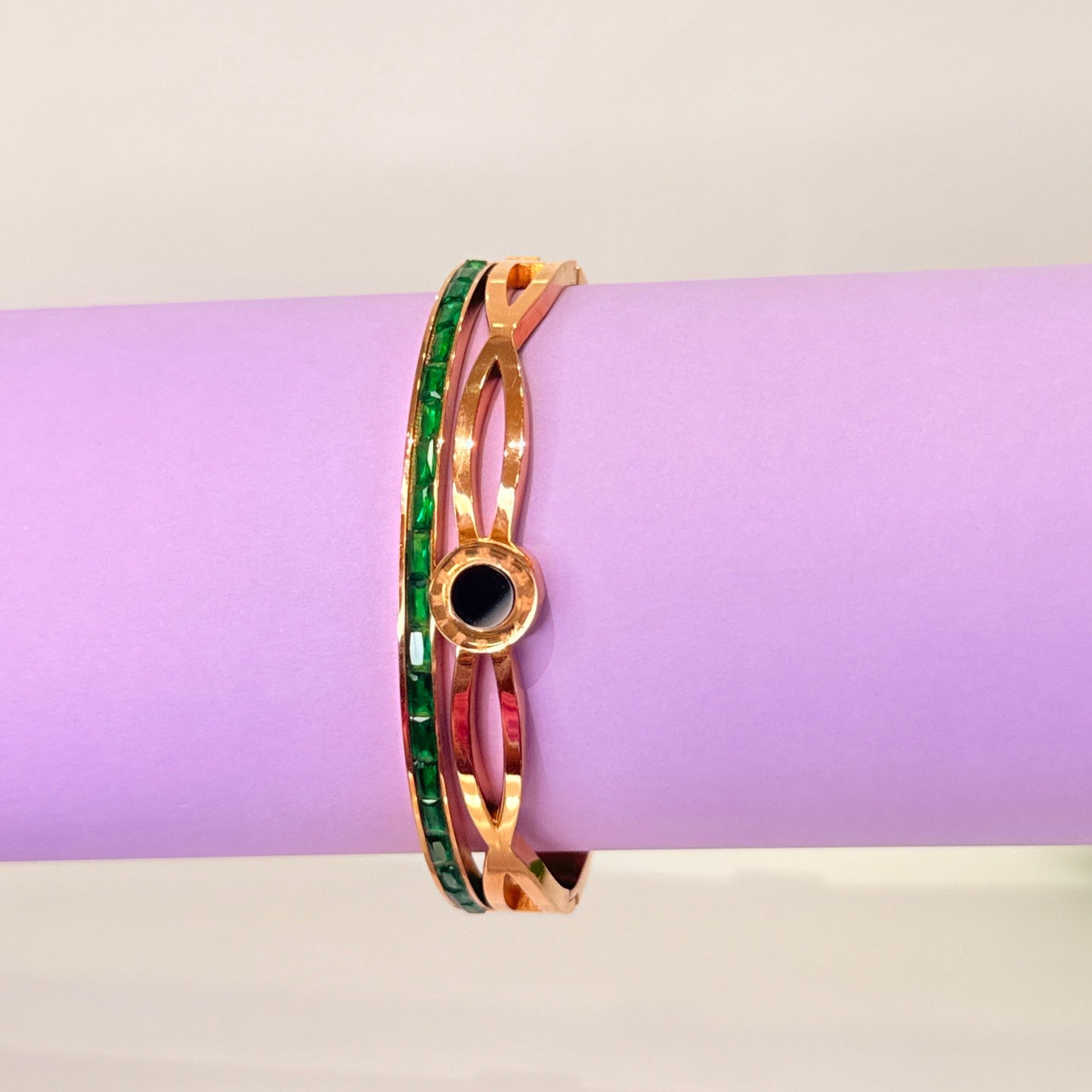 Rose Gold Kada With Green Stones - Anti Tarnish