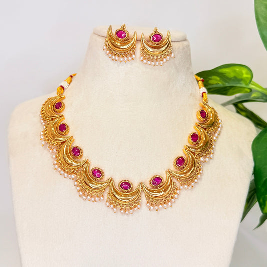Madhudra Chandrakor Necklace with Pink Stones