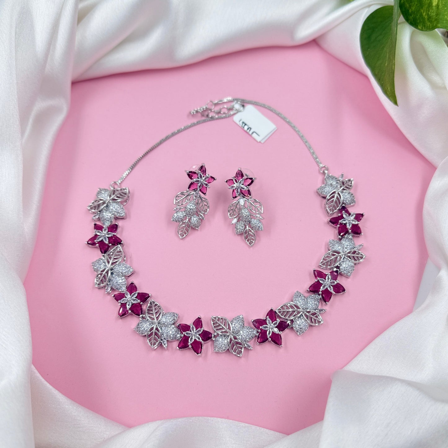 Floral Red American Diamond Necklace