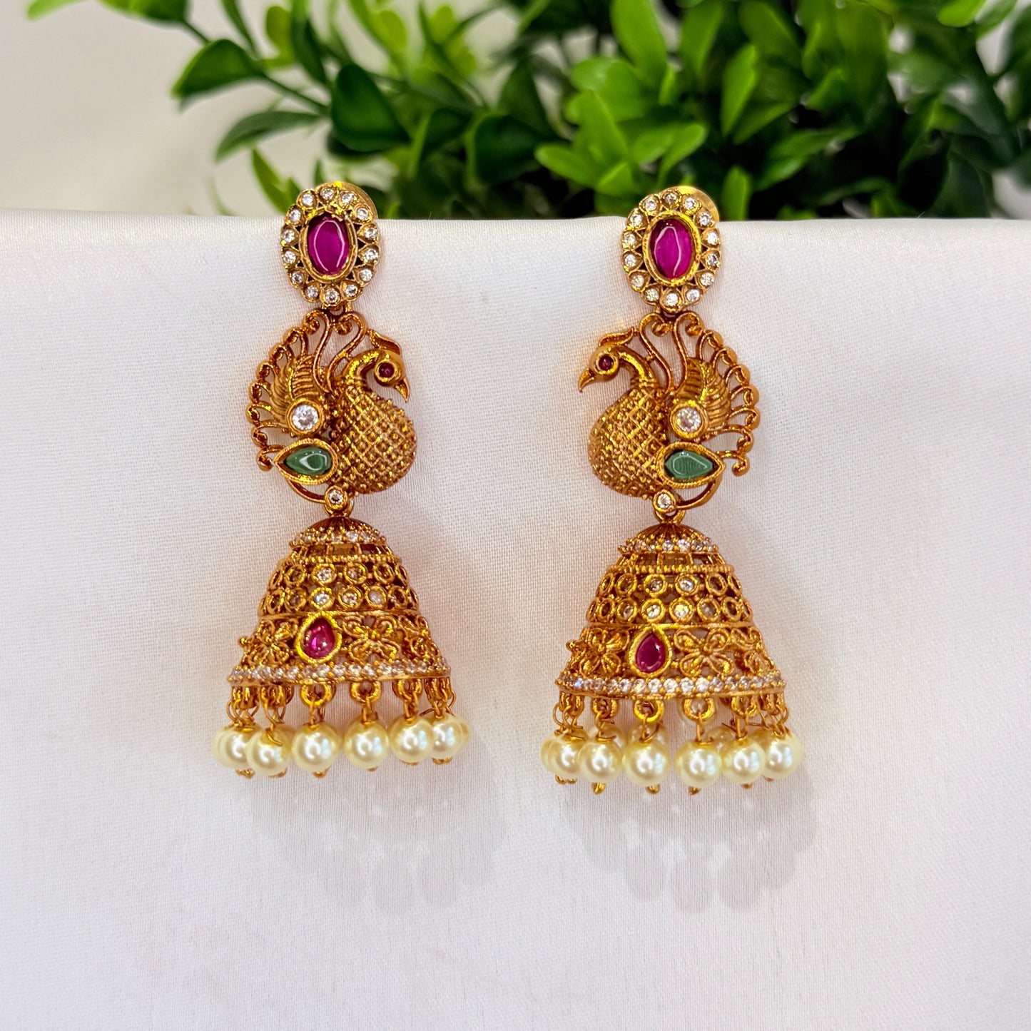 Anvitha Peacock Jhumka with Pink stone