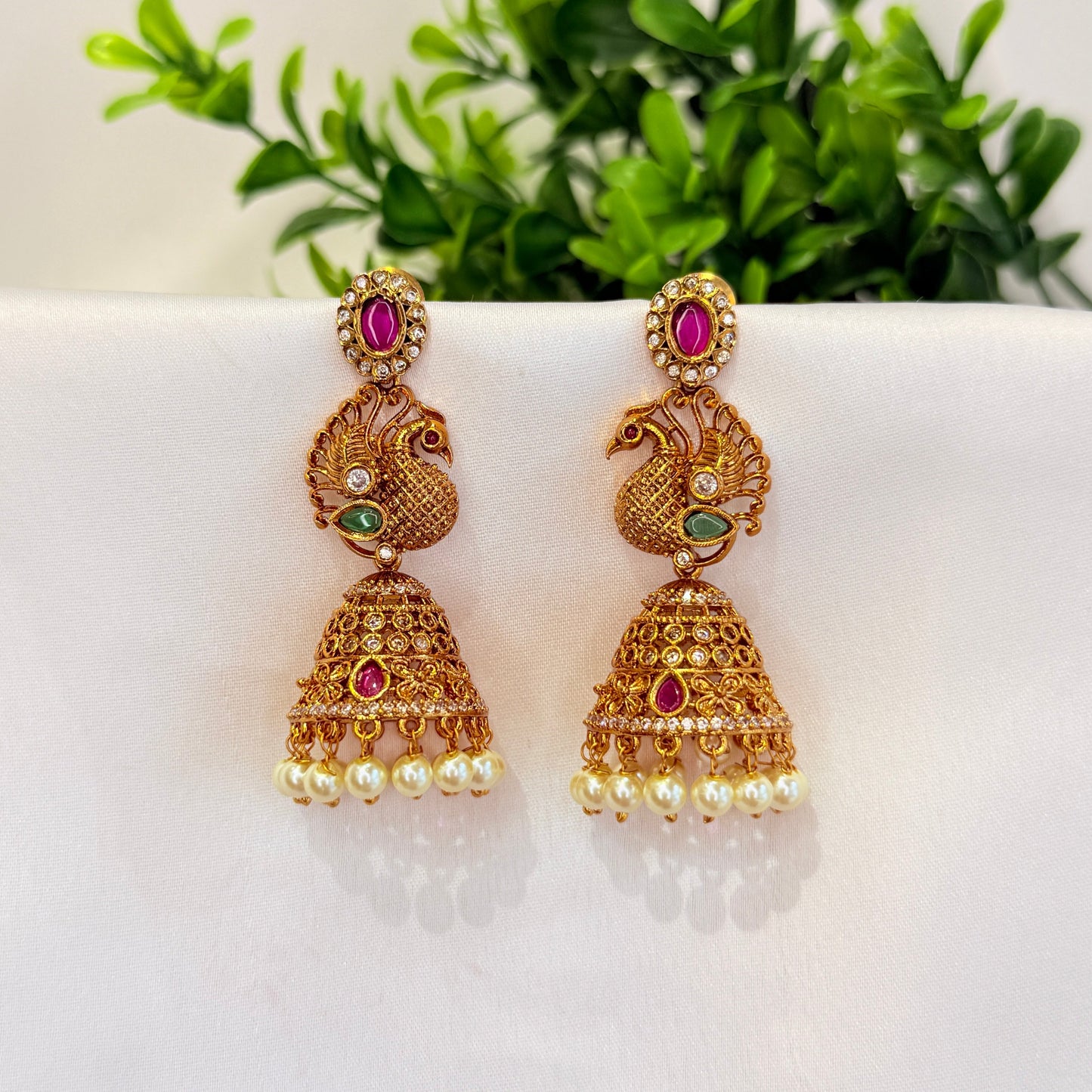 Anvitha Peacock Jhumka with Pink stone