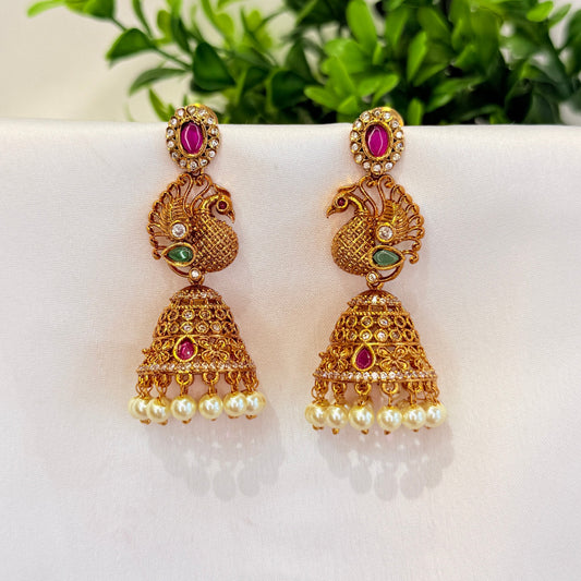 Anvitha Peacock Jhumka with Pink stone