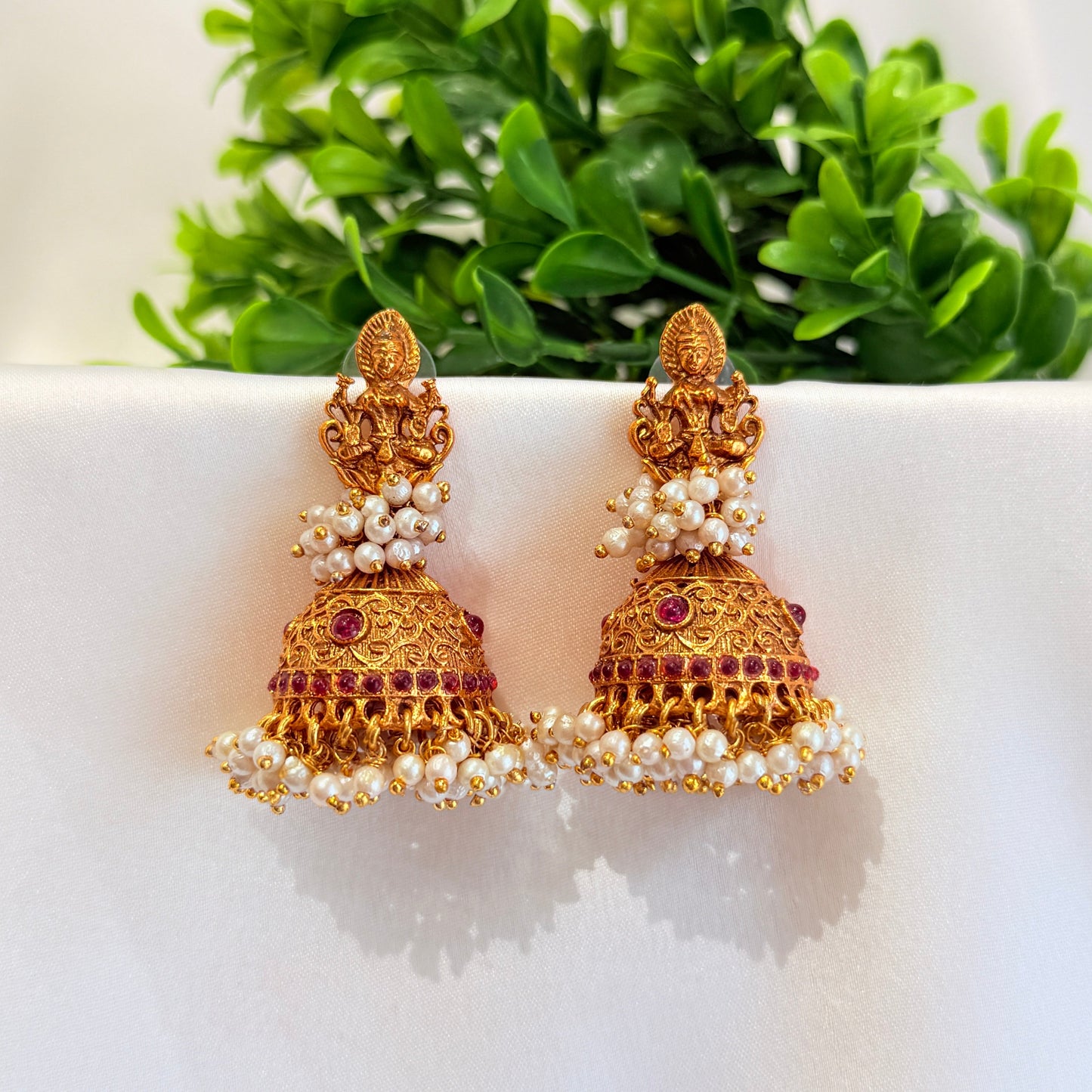 Lakshmi Pearl Jhumka with Pink Stone