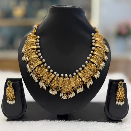 Antique Goddess Lakshmi Pearl Necklace - Green