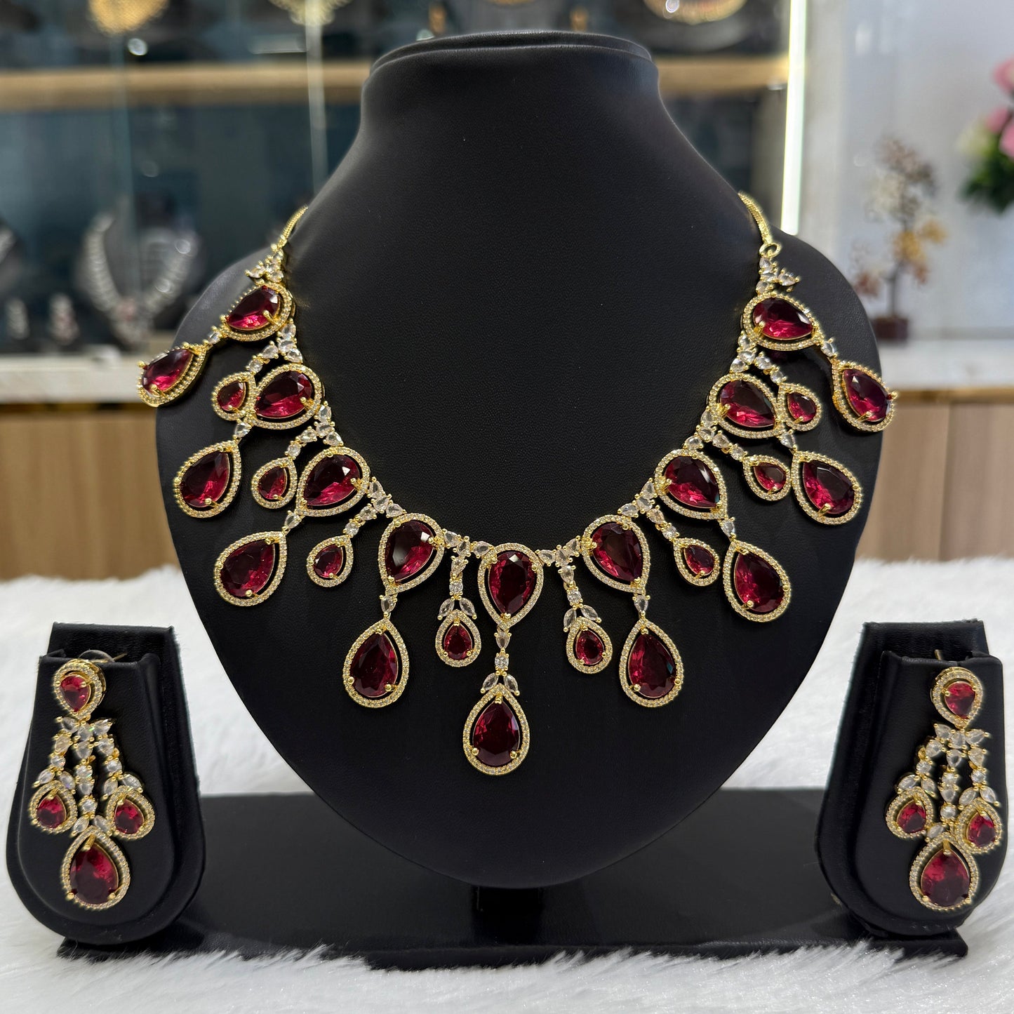 Premium Quality AD Tear Drop Necklace - Red