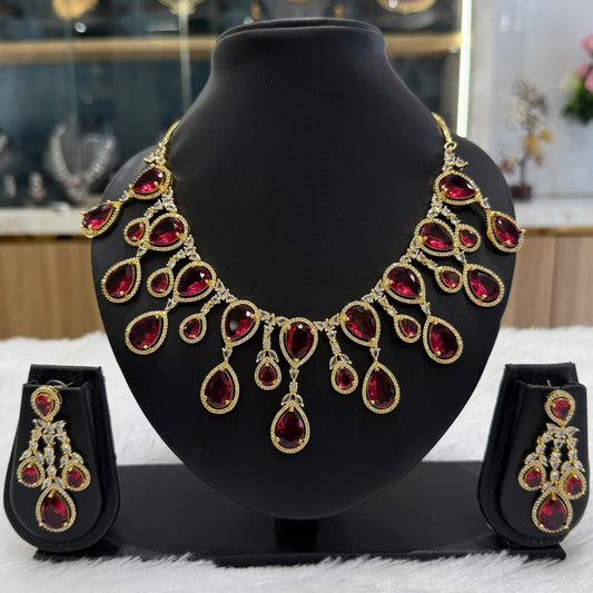 Premium Quality AD Tear Drop Necklace - Red