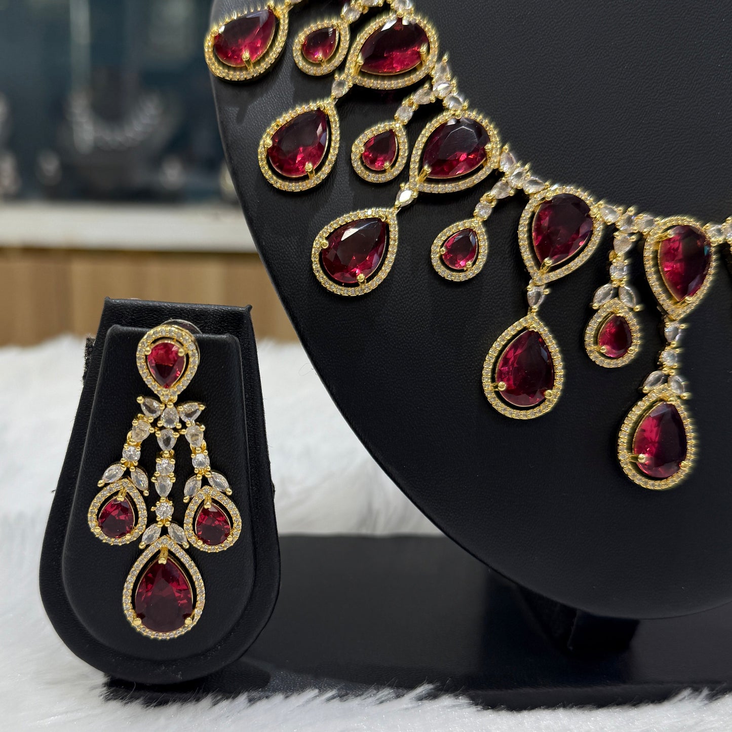 Premium Quality AD Tear Drop Necklace - Red
