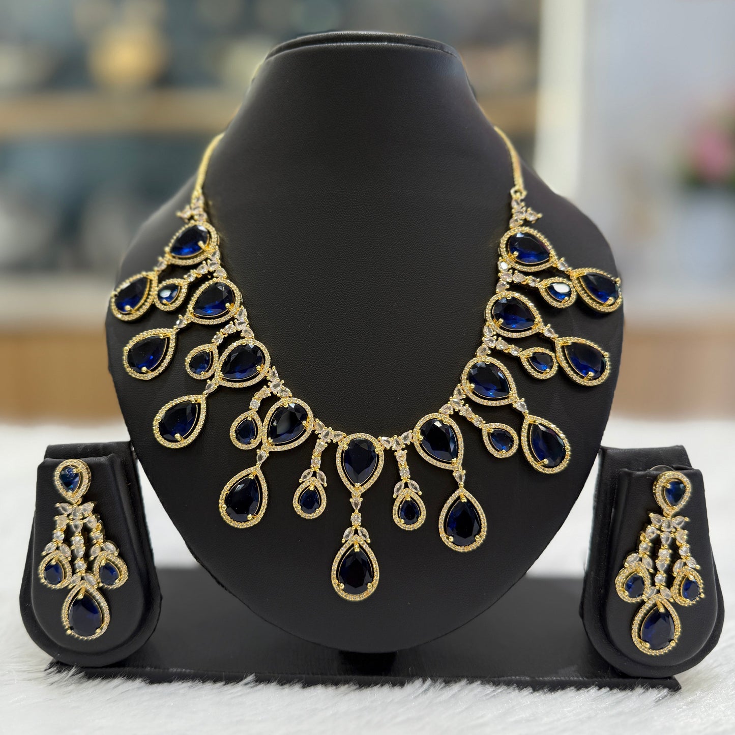 Premium Quality AD Tear Drop Necklace - Blue