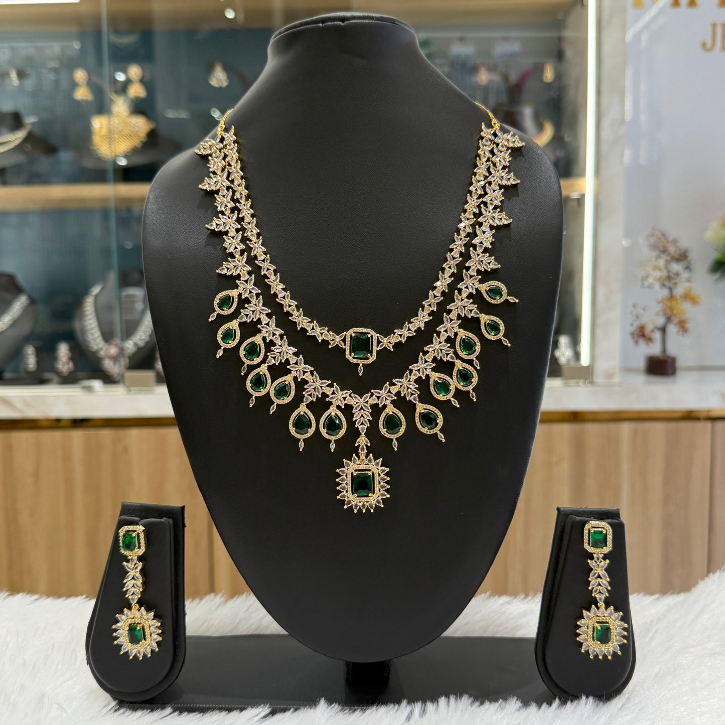 AD Double Layered Necklace - Emerald Green