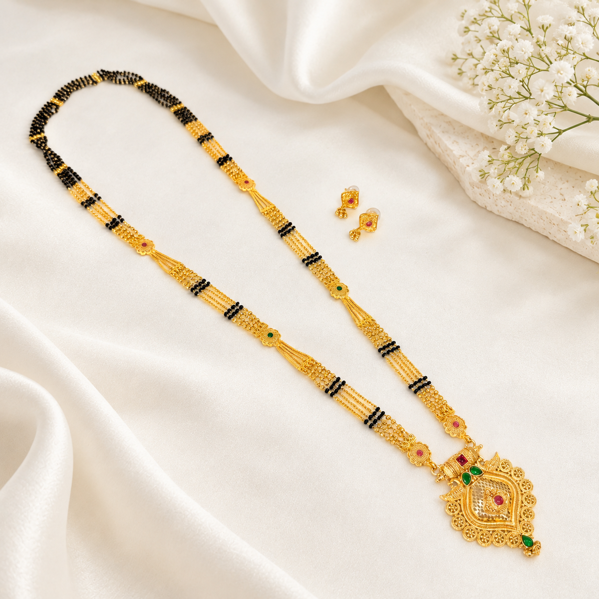 Akshara Long Mangalsutra with pendant & earrings - 36 inch