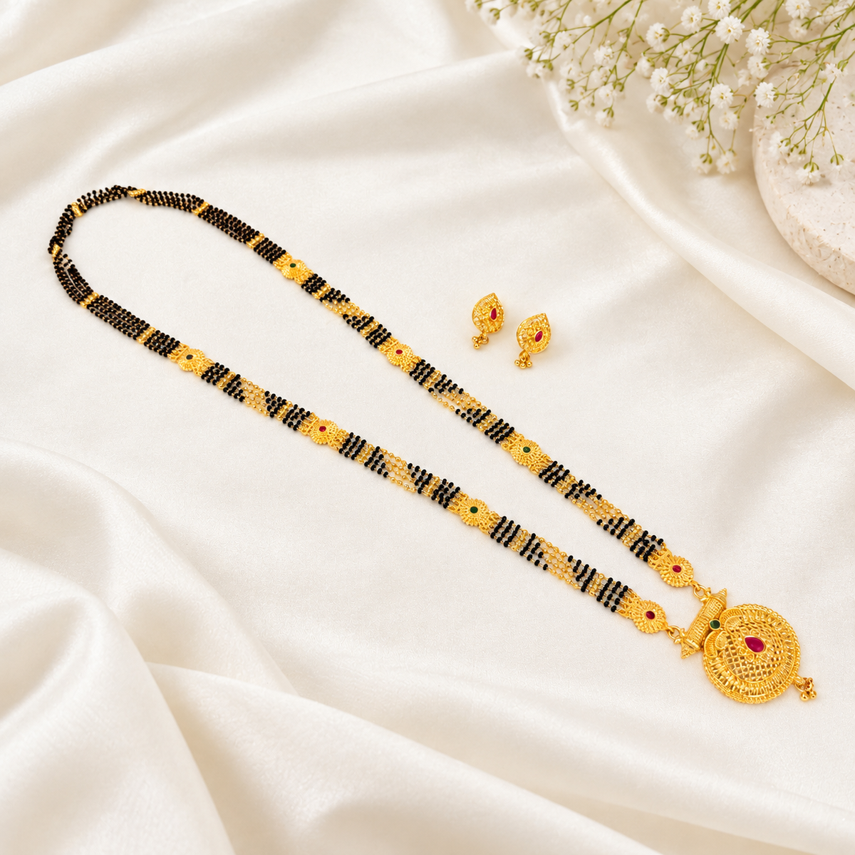 Hrida Long Mangalsutra with pendant & earrings- 36 Inch
