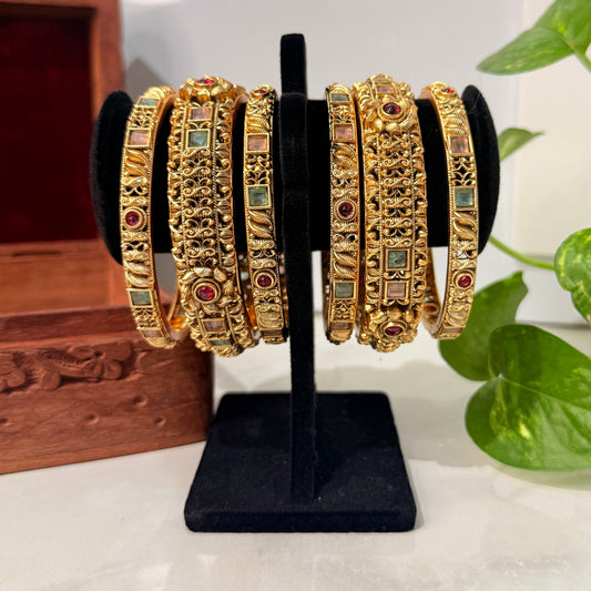 Premium Antique Ruby Bangle 6 Pcs Set - Pink & Mint