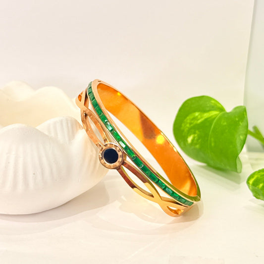 Rose Gold Kada With Green Stones - Anti Tarnish