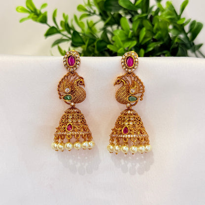 Anvitha Peacock Jhumka with Pink stone