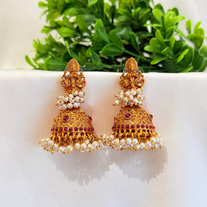 Lakshmi Pearl Jhumka with Pink Stone